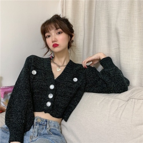 Short long-sleeved knitted sweater top women's  autumn new V-neck single-breasted cardigan solid color sweater coat
