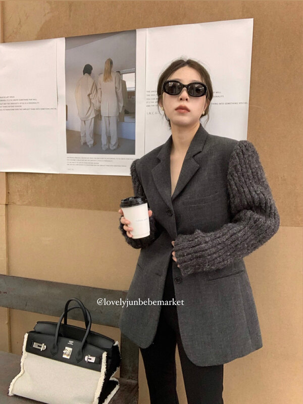【DT CLASSIC】Neutral casual suit with fur sleeves stitching design sense D5158# JHY