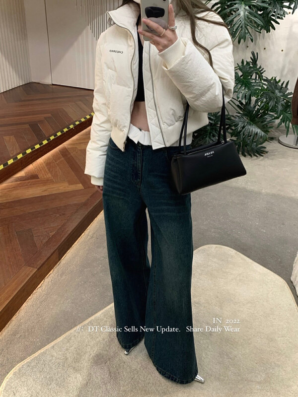 【DT CLASSIC】Korean version wide-leg design sense stitching waist all-match jeans D5253# JHY