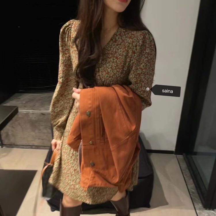 Original price 98.99! New in early autumn! [SAINA FASHION] V-neck floral lady slim dress Q1172# CLS