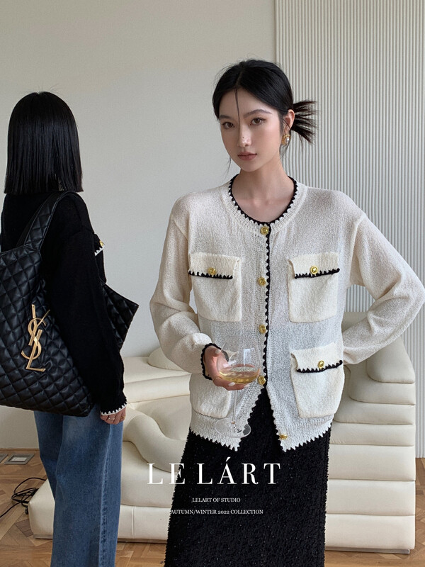 【LE LART】French Small Fragrance Colorblock Gold Button Cardigan Knit Sweater Knit Cardigan XZ317TJ