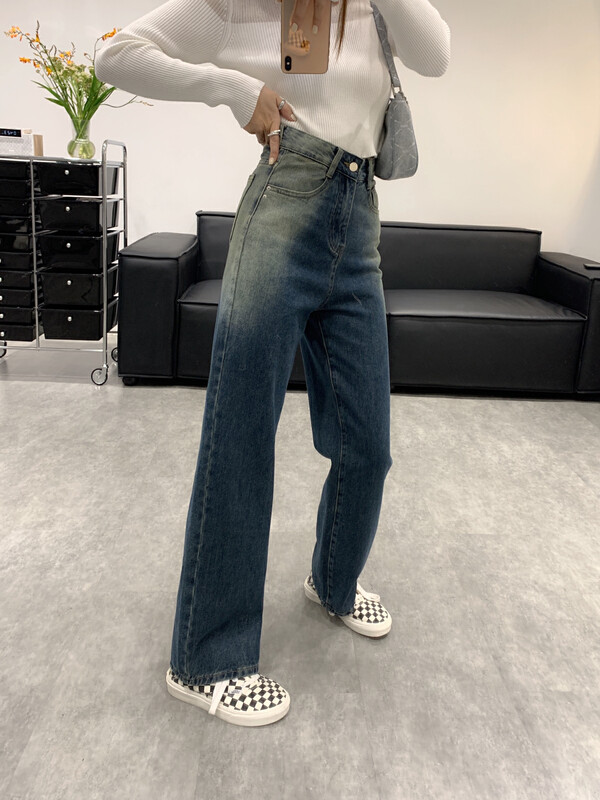 【VANESSA】Tie Dye Gradient Korean High Waist Straight Jeans 8065# OZQ