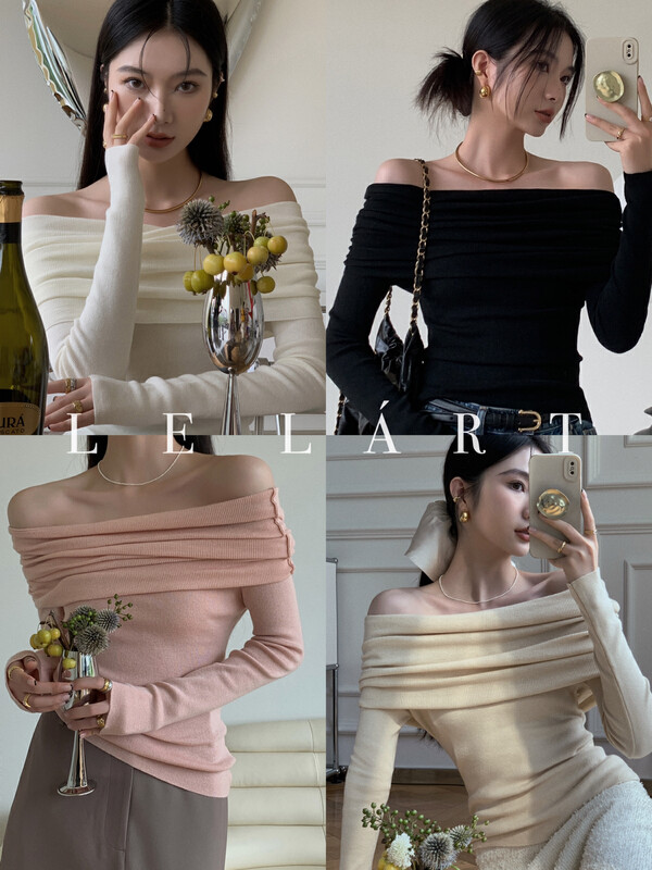 【LE LART】French pure desire style one-line neck off-the-shoulder knitted sweater TH099# JHY