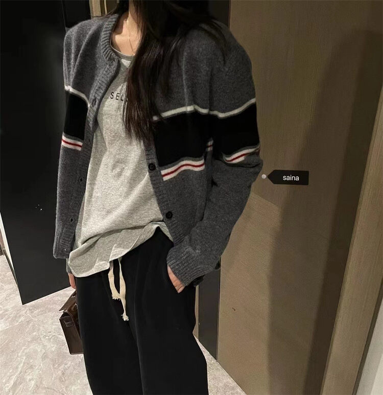 New in winter! [SAINA FASHION] Colorblock Striped Versatile Casual Knit Cardigan (100% Wool) 22159A# CLS