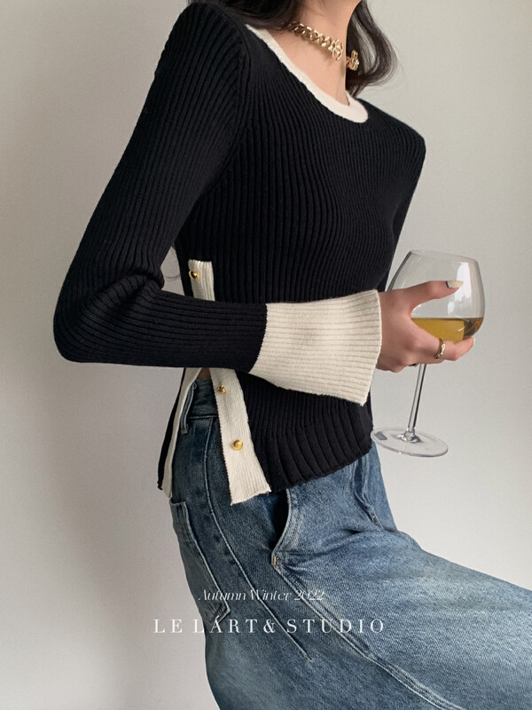 【LE LART】French Hepburn color-blocking split shoulder pads pullover sweater sweater XZ365
