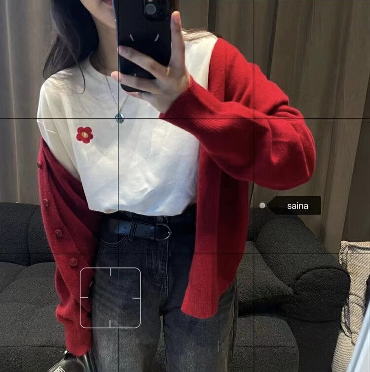 New in autumn! [SAINA FASHION] small red flower embroidery all-match pullover short-sleeved T-shirt 1168# CLS