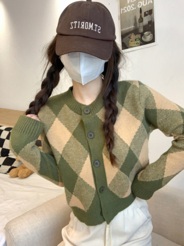 Real shooting real price Plaid knitted cardigan Korean version ins all-match college sweater