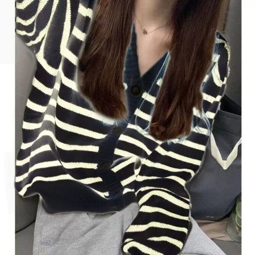 Coat  new striped sweater Japanese lazy retro autumn and winter loose outer wear v-neck knitted cardigan