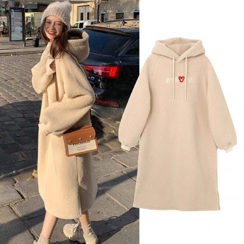 Lamb velvet loose large size plus velvet thickened long hooded sweater dress female 300g