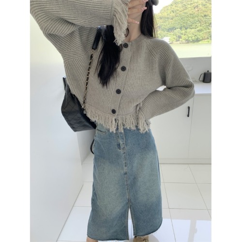 Cold gray tassel Lazy wind tassel long-sleeved knitted sweater gray cropped cardigan top sweater coat