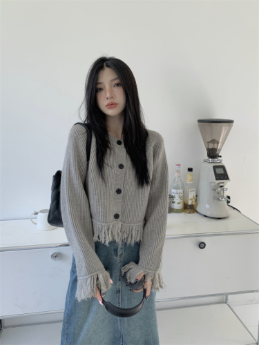 Cold gray tassel Lazy wind tassel long-sleeved knitted sweater gray cropped cardigan top sweater coat