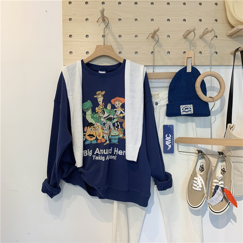 2022 autumn and winter embroidered letters cartoon printing pullover loose terry sweater women
