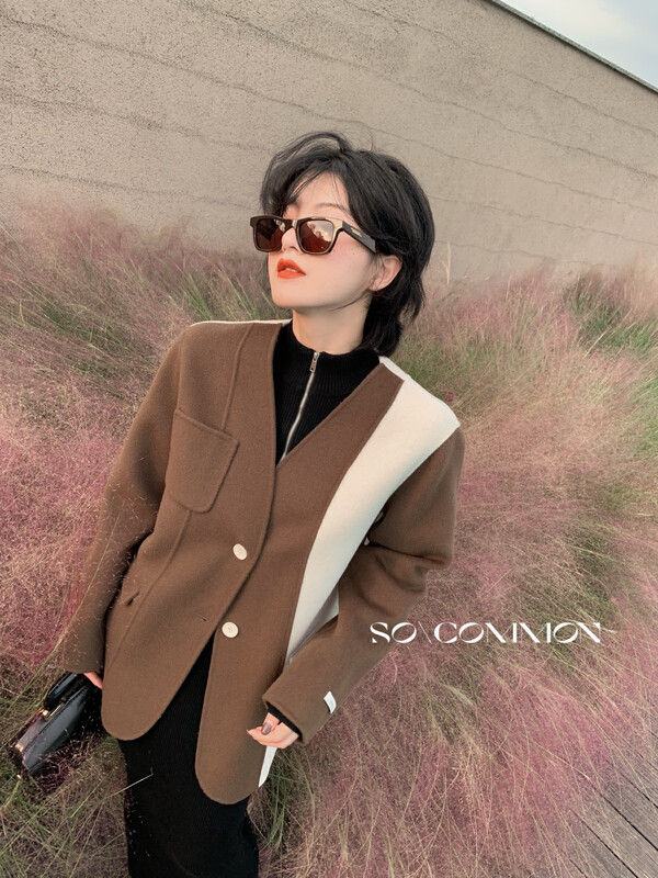 [CZ ZHANG] Big-name design sense color matching straight tube slimming double-sided cashmere wool coat 21002