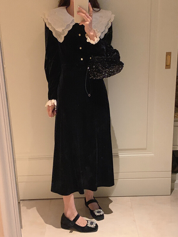 [Timely rain] Korean style ins retro French design lace double collar high waist slim dress F975# WPL
