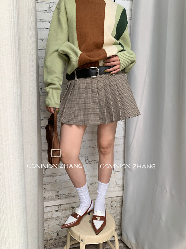 [CZ ZHANG] College style age-reducing retro plaid A-line pleated skirt (with belt) 82408