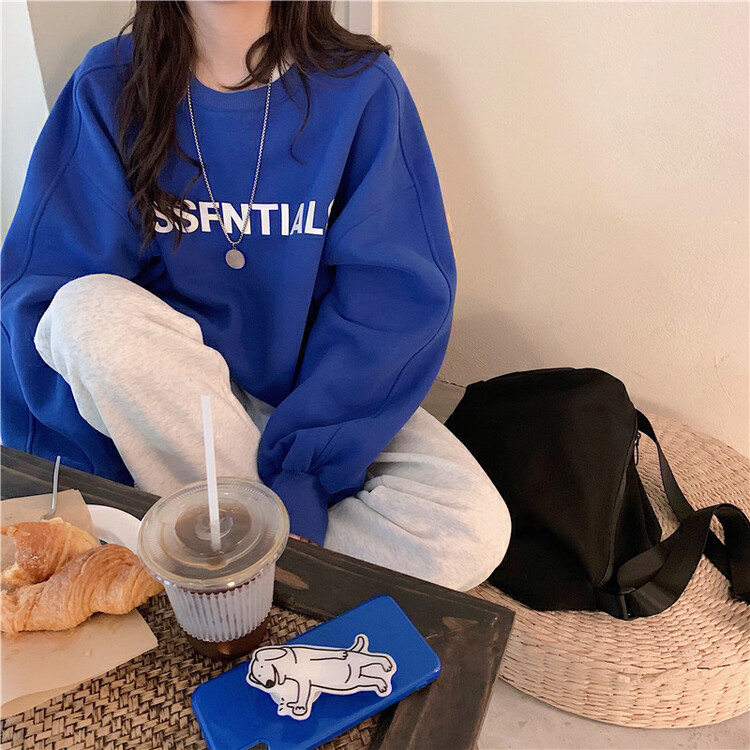 [Timely rain] Korean style ins lazy design sense printed letters simple pullover plus velvet sweater 70007# WPL