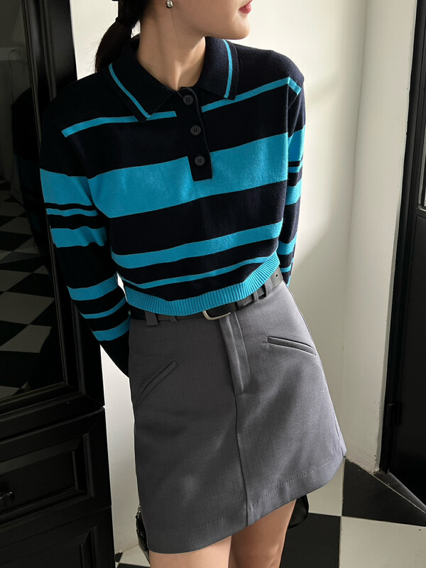【TRUSTME】Korean Striped Polo Collar Half Button Knit Sweater 40233# JHY