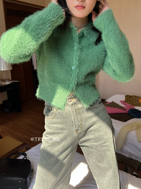 【TRUSTME】Korean style simple color furry lapel sweater 40276