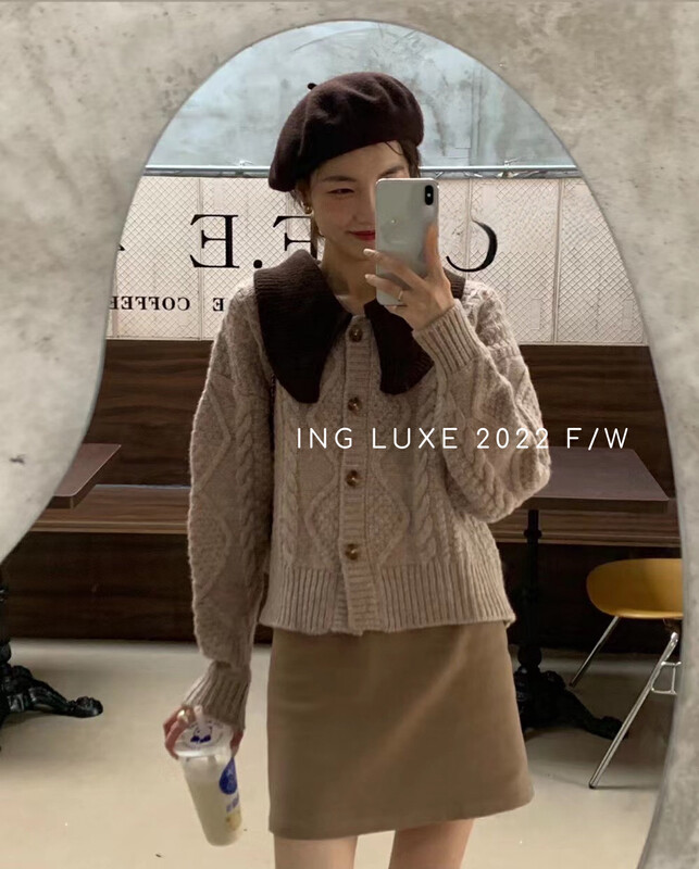 【ING】Contrast color design twist check knitted cardigan sweater w3865