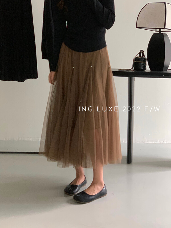 【ING】High waist A-line slim mesh bead skirt 8201# FHX