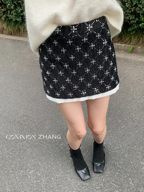 【CZ ZHANG】Hot Girl Niche Beaded Plaid A-Line Skirt 82157# JHY