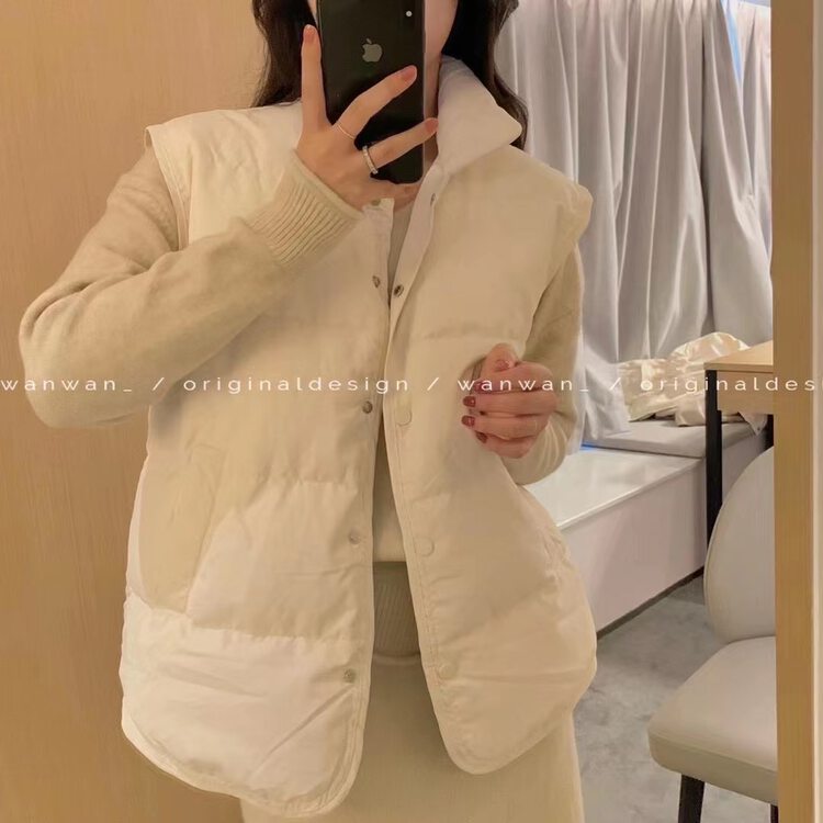 【WANWAN】Stand Collar Solid Color Breasted Down Vest (including 50% White Duck Down) 2580# HBX