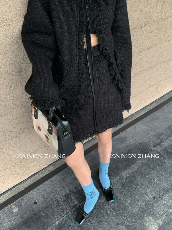 [CZ ZHANG] Solid color small fragrance high waist A-line fringed short skirt 82436-1