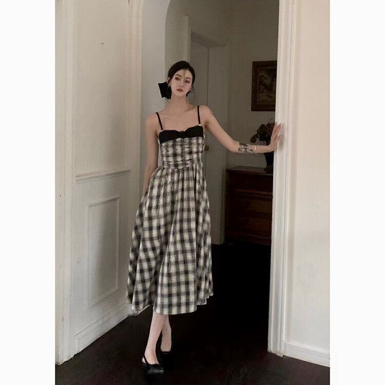 【BENYAN】Nice Retro Sling Plaid Dress D8001