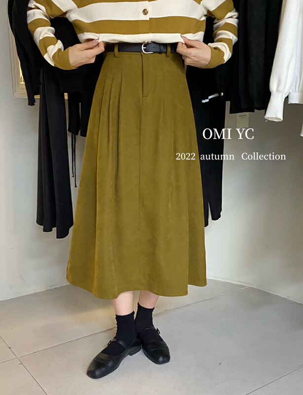 [O MI] High-waisted all-match slim pleated A-swing skirt (with belt) 55209