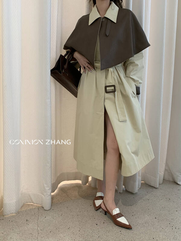[CZ ZHANG] Fashion big-name leather stitching two-wear long commuter windbreaker (with belt) 82238