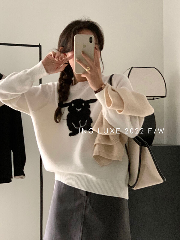 【ING】Korean style round neck lazy all-match rabbit pullover sweater w3930