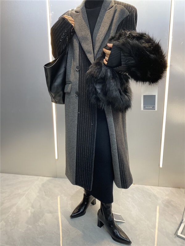[Semi-plain] Striped stitching double-breasted temperament suit thickened coat J977# ZJY