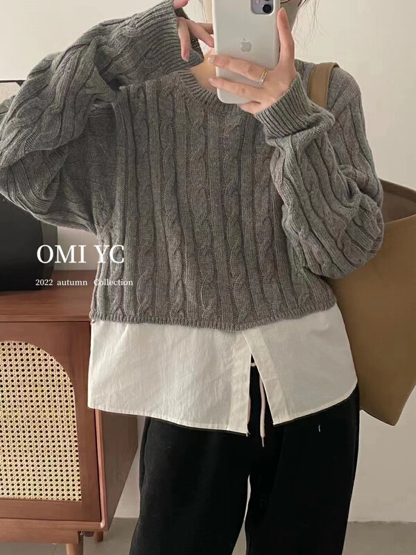 New for winter!  【O MI】 Korean Round Neck Linen Pattern Patchwork Warm Sweater 3350# FHX