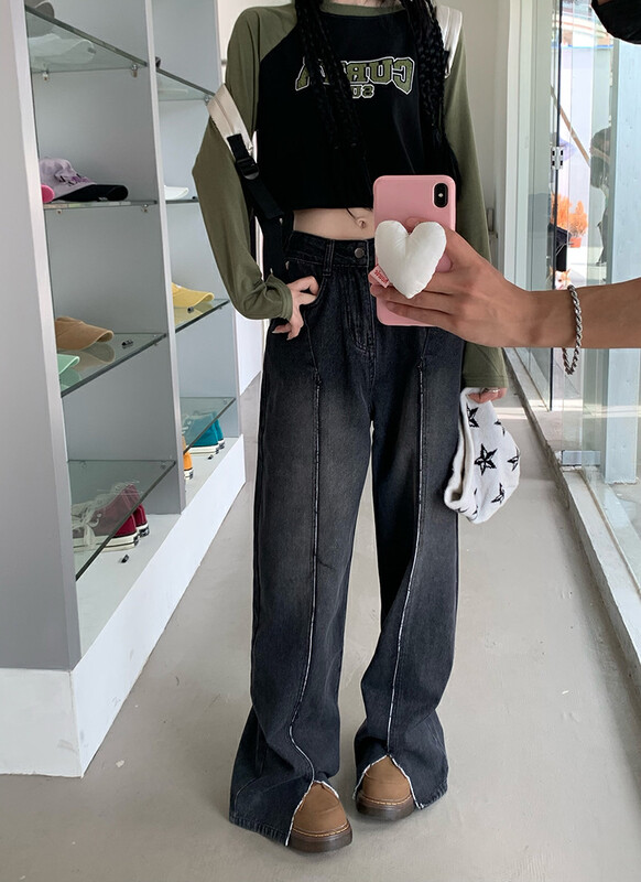 New for winter!  [Timely rain] Korean style ins high-waisted slim-washed all-match design small slit jeans 17009# WPL