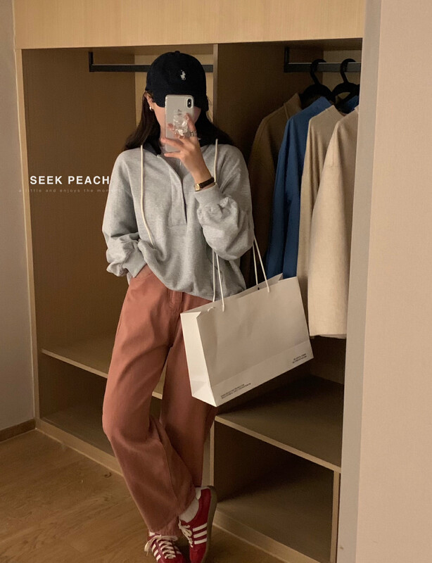 New in autumn! [SEEK PEACH] hooded drawstring comfortable all-match pullover sweater 5755# L