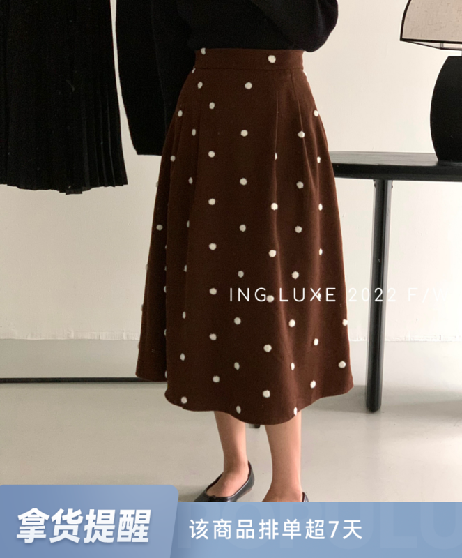 【ING】Korean style slim retro high waist pleated polka dot skirt ING-8220
