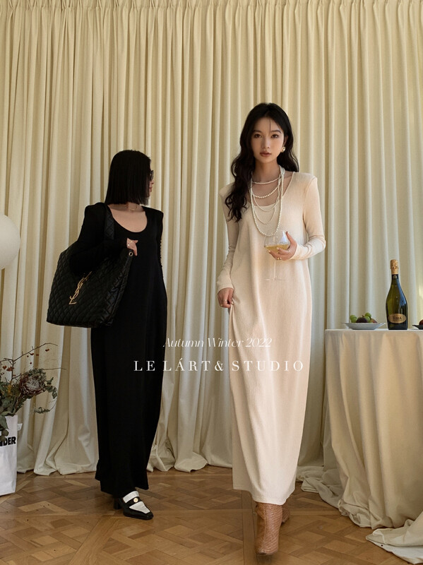 【LE LART】French design u-neck shoulder pad bottoming long dress LL3377