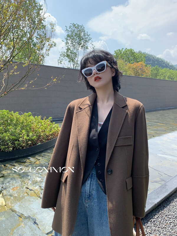 [CZ ZHANG] Fashion big brand retro houndstooth temperament thin double-sided cashmere wool coat 21016