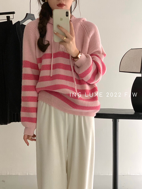 [ING] Soft Waxy Loose Pullover Striped Hooded Warm Sweater w3880# FHX