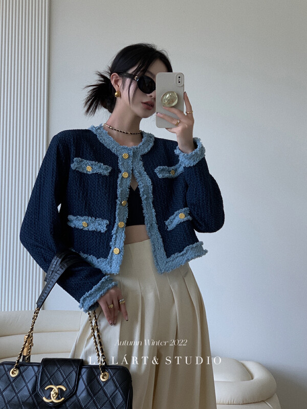 【LE LART】French denim contrasting color raw edge small fragrance jacket suit LL5613