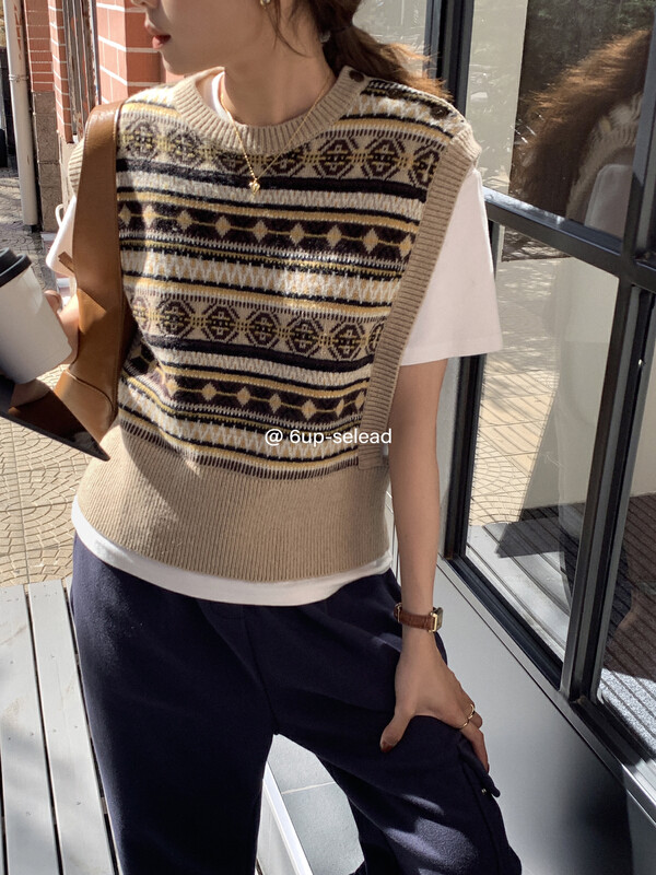 【6-UP】Korean version of retro pattern vest (including 50% wool) 69288# CQW