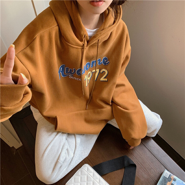 [Timely rain] Korean style ins loose design letter pullover long-sleeved fleece hooded sweater V2179# WPL