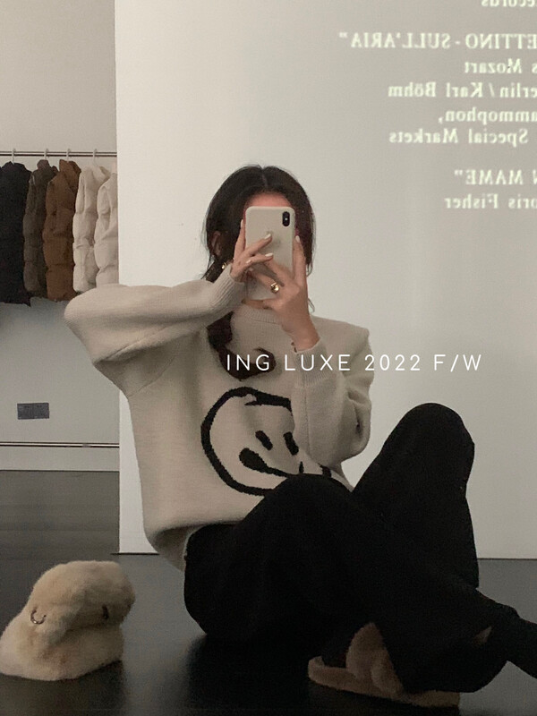 【ING】Smiley Print Loose Sweater w3960