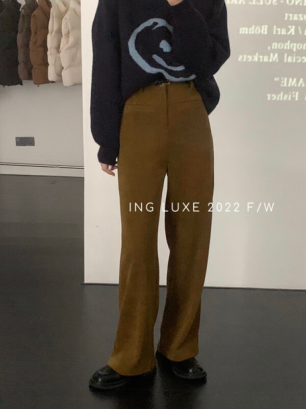 【ING】Vintage high-waisted wide-leg corduroy jeans 8286