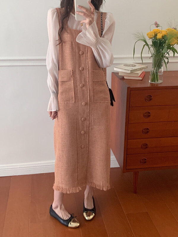 New in winter! [Timely rain] Korean style ins temperament small fragrance vest dress + trumpet sleeve micro suit 75255# WPL