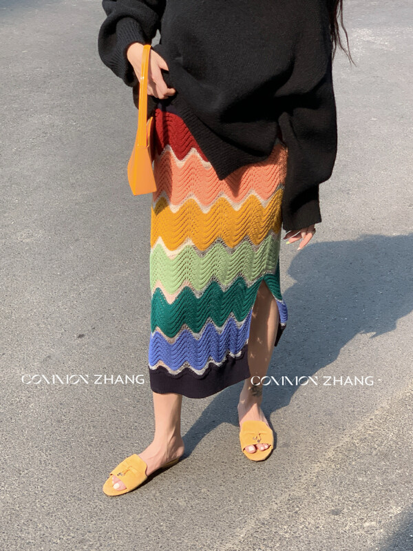 【CZ ZHANG】Design wave color matching slit high waist bag hip skirt 92011# JHY