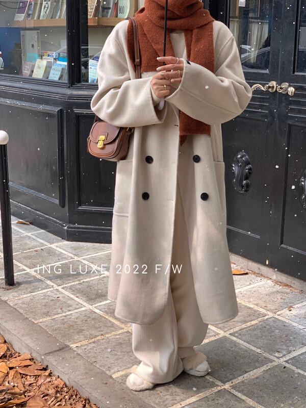 【ING】Korean style autumn and winter mid-length high-end double-sided woolen coat 8236