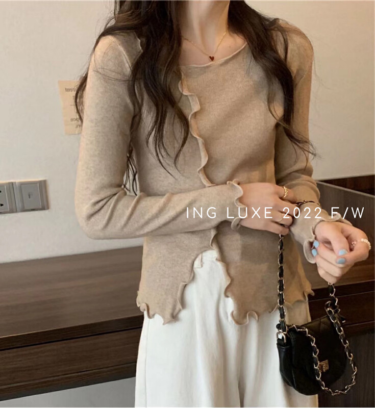 【ING】Slim fit gentle solid color lace collar knitted sweater w3855