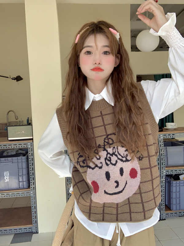 [Timely rain] Korean style ins retro sweet and loose all-match knitted vest 17021# WPL