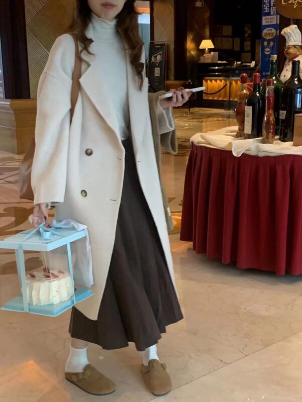 【WANWAN】Fashionable mid-length double-breasted wool coat (including 100% wool) 2591# HBX